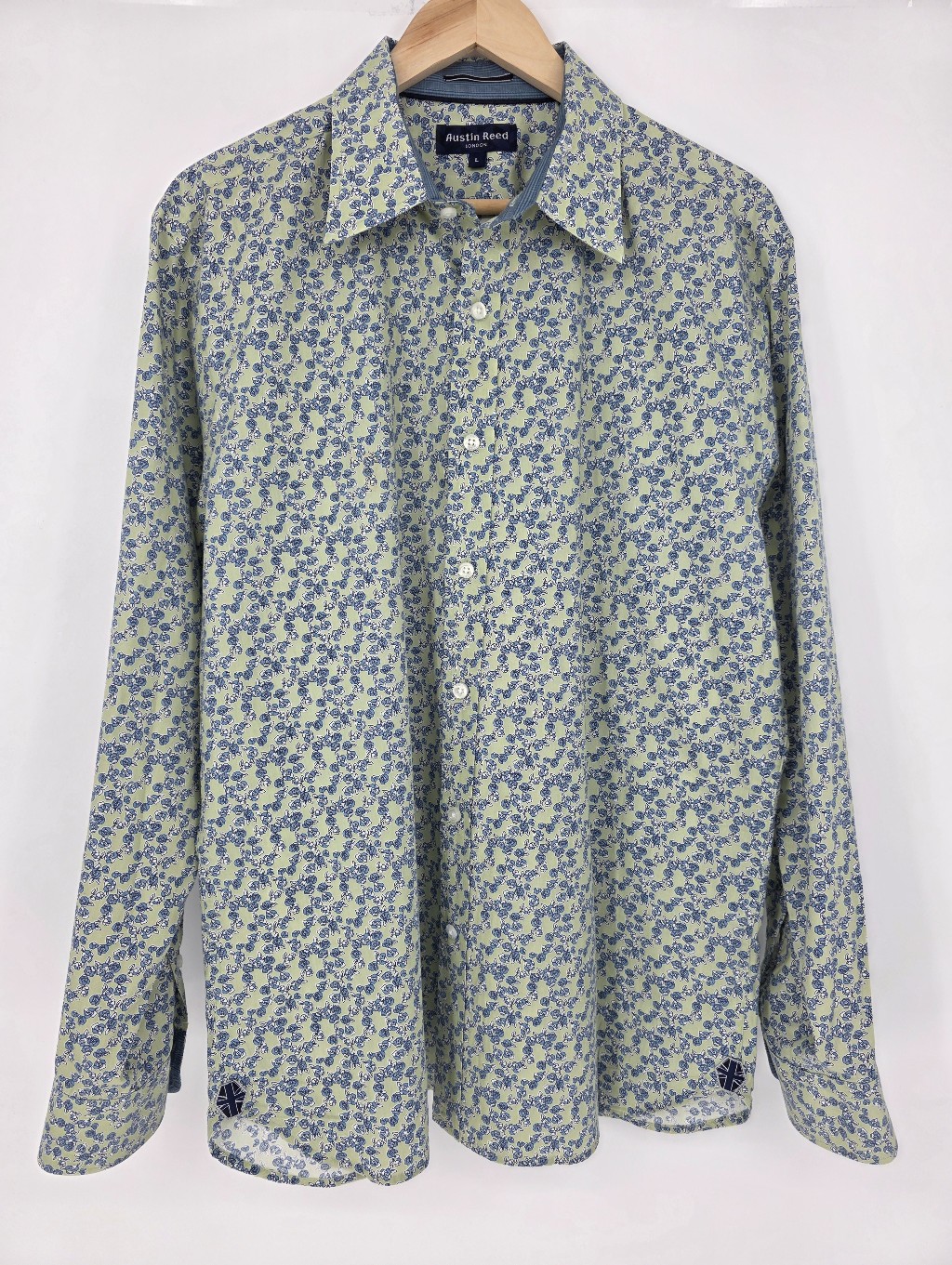 Austin Reed London Men's Large Floral Button Down Shirt Blue Green 100% Cotton